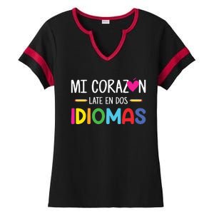 Mi Corazon Late En Dos Idiomas Bilingual Spanish Teacher Ladies Halftime Notch Neck Tee