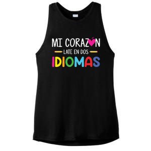 Mi Corazon Late En Dos Idiomas Bilingual Spanish Teacher Ladies PosiCharge Tri-Blend Wicking Tank