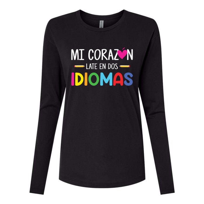 Mi Corazon Late En Dos Idiomas Bilingual Spanish Teacher Womens Cotton Relaxed Long Sleeve T-Shirt