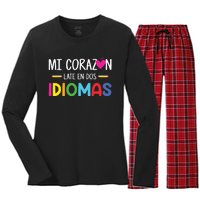 Mi Corazon Late En Dos Idiomas Bilingual Spanish Teacher Women's Long Sleeve Flannel Pajama Set 