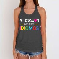 Mi Corazon Late En Dos Idiomas Bilingual Spanish Teacher Women's Knotted Racerback Tank