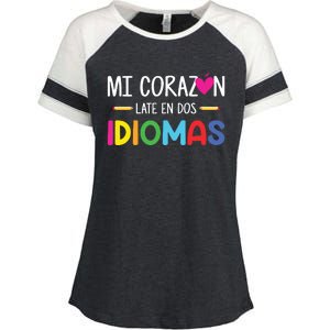 Mi Corazon Late En Dos Idiomas Bilingual Spanish Teacher Enza Ladies Jersey Colorblock Tee