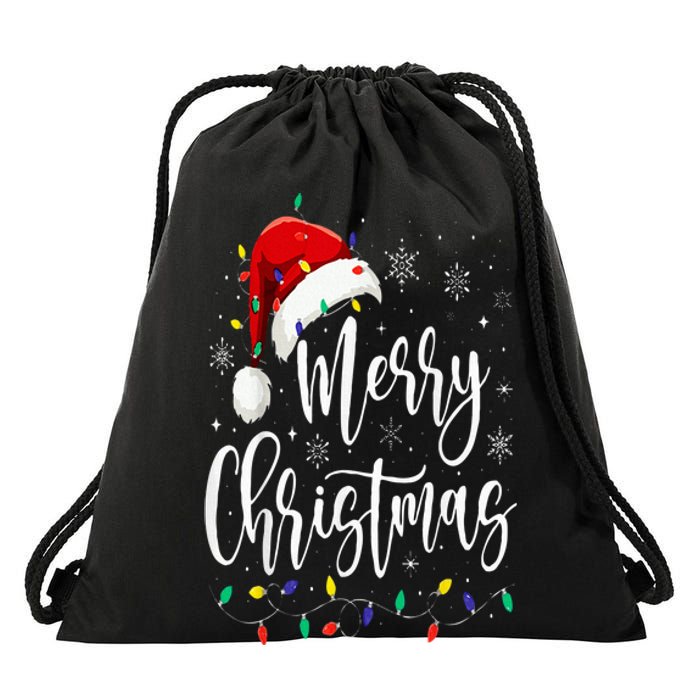 Merry Christmas Lights Red Santa Hat Xmas Family Drawstring Bag