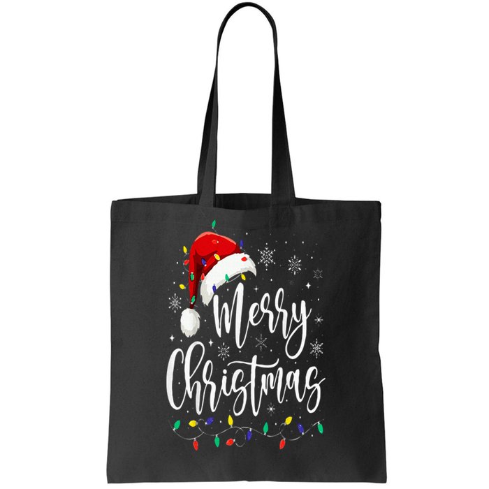 Merry Christmas Lights Red Santa Hat Xmas Family Tote Bag