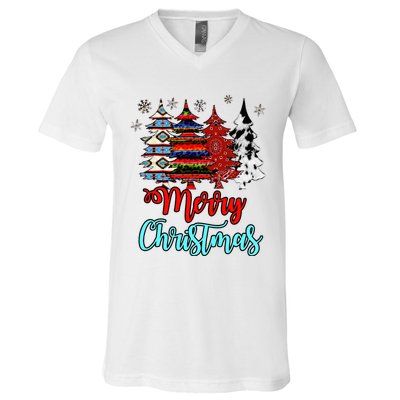 Merry Christmas Leopard Tie Dye Western Xmas Trees V-Neck T-Shirt