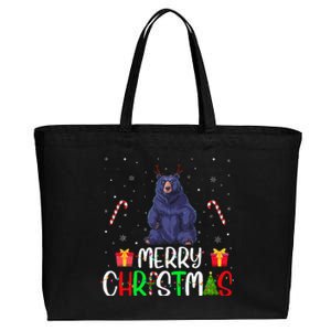 Merry Christmas Lights Bear Reindeer Hat Xmas Pjs Cotton Canvas Jumbo Tote