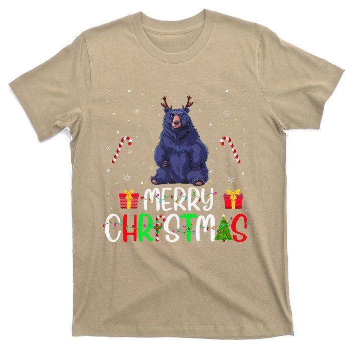 Merry Christmas Lights Bear Reindeer Hat Xmas Pjs T-Shirt