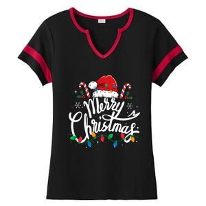 Merry Christmas Lights Red Santa Hat Xmas Family  Ladies Halftime Notch Neck Tee