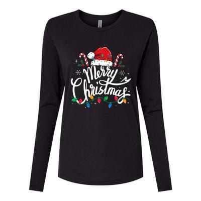 Merry Christmas Lights Red Santa Hat Xmas Family  Womens Cotton Relaxed Long Sleeve T-Shirt