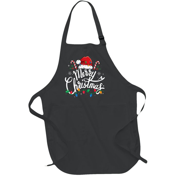 Merry Christmas Lights Red Santa Hat Xmas Family  Full-Length Apron With Pockets