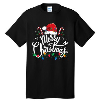 Merry Christmas Lights Red Santa Hat Xmas Family  Tall T-Shirt