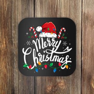 Merry Christmas Lights Red Santa Hat Xmas Family  Coaster