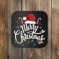 Merry Christmas Lights Red Santa Hat Xmas Family  Coaster