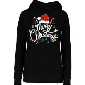 Merry Christmas Lights Red Santa Hat Xmas Family  Womens Funnel Neck Pullover Hood