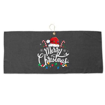 Merry Christmas Lights Red Santa Hat Xmas Family  Large Microfiber Waffle Golf Towel