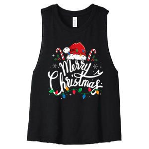 Merry Christmas Lights Red Santa Hat Xmas Family  Women's Racerback Cropped Tank