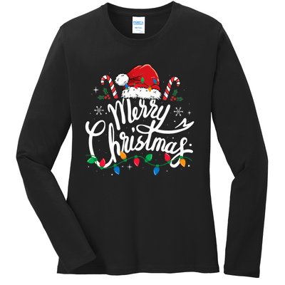 Merry Christmas Lights Red Santa Hat Xmas Family  Ladies Long Sleeve Shirt