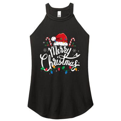 Merry Christmas Lights Red Santa Hat Xmas Family  Women's Perfect Tri Rocker Tank