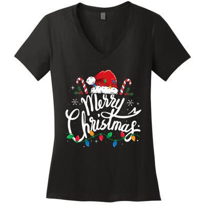 Merry Christmas Lights Red Santa Hat Xmas Family  Women's V-Neck T-Shirt