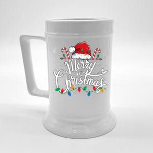 Merry Christmas Lights Red Santa Hat Xmas Family  Beer Stein