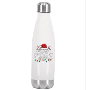 Merry Christmas Lights Red Santa Hat Xmas Family  Stainless Steel Insulated Water Bottle