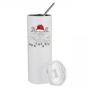 Merry Christmas Lights Red Santa Hat Xmas Family  Stainless Steel Tumbler