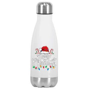 Merry Christmas Lights Red Santa Hat Xmas Family  Stainless Steel Insulated Water Bottle