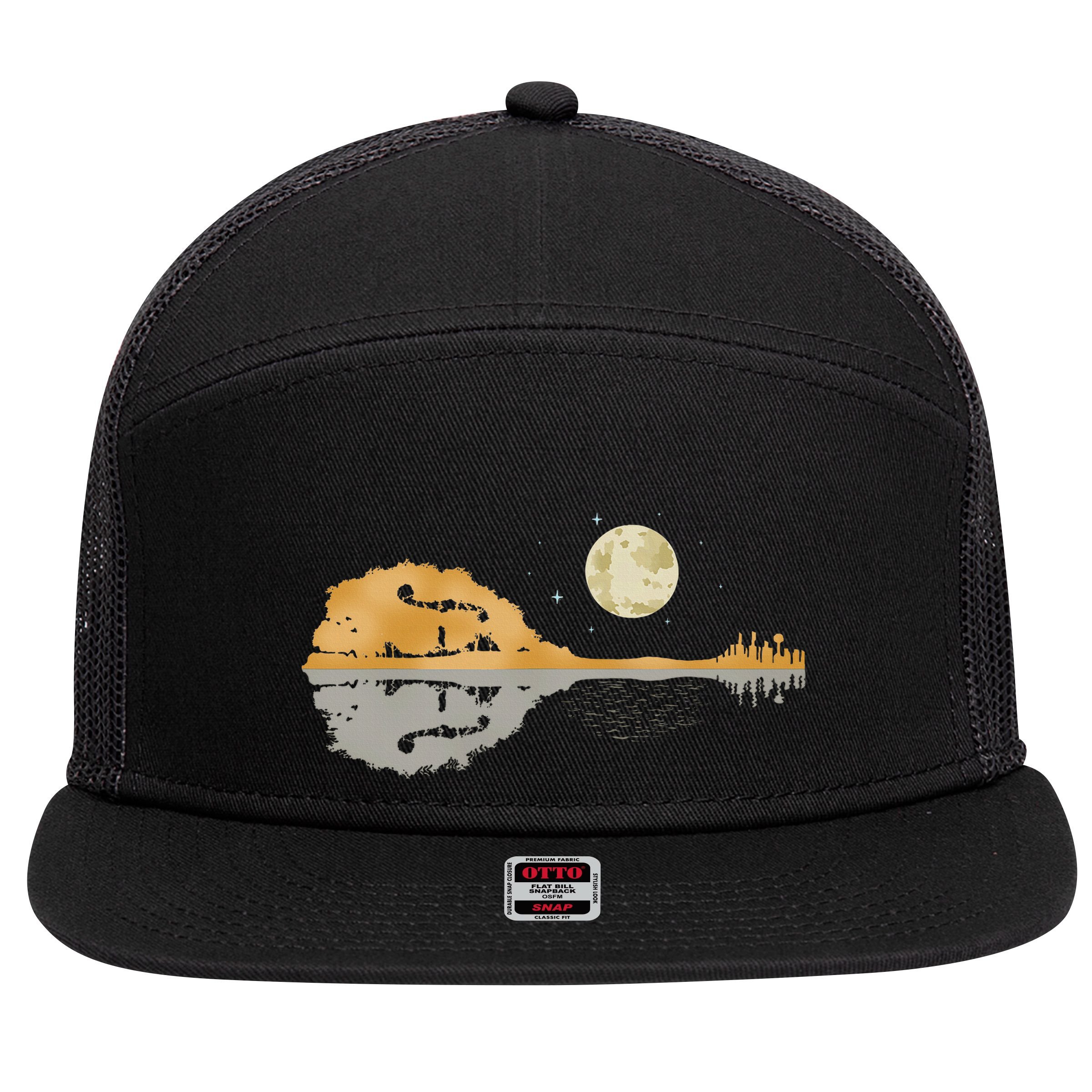 Mandolin Country Music Moon Bluegrass 7 Panel Mesh Trucker Snapback Hat