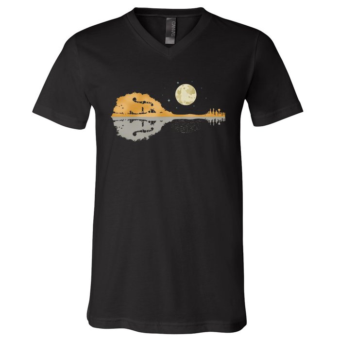 Mandolin Country Music Moon Bluegrass V-Neck T-Shirt