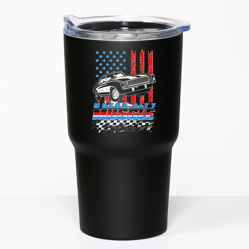 Motor City Muscle American USA Flag Muscle Car Fan Tumbler