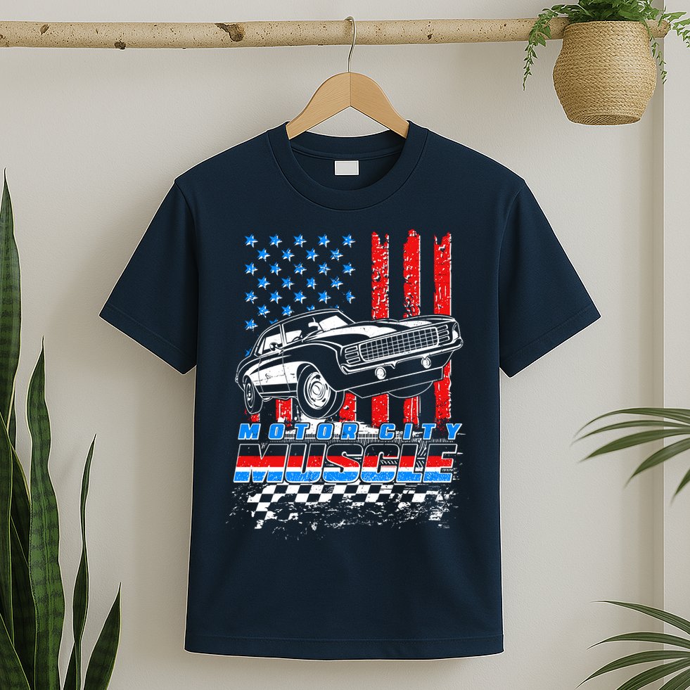 Motor City Muscle American USA Flag Muscle Car Fan T-Shirt