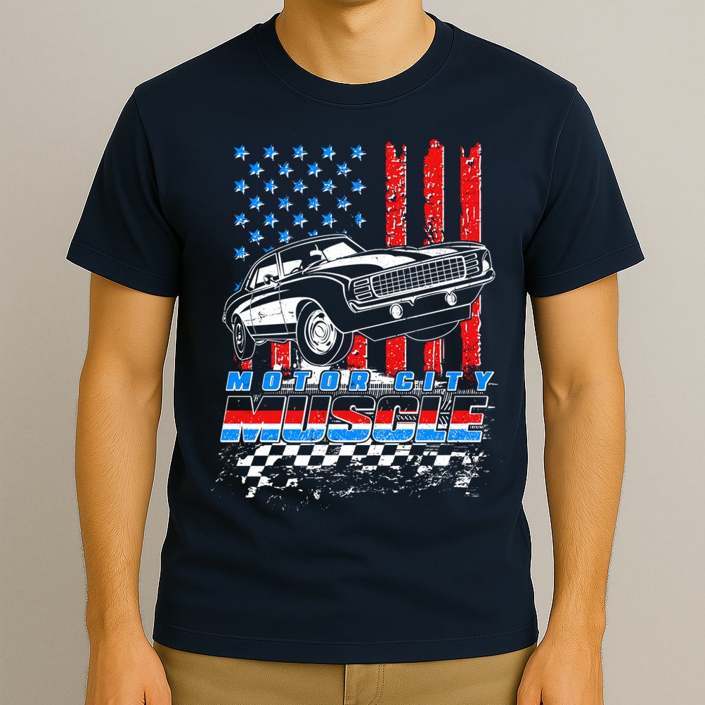 Motor City Muscle American USA Flag Muscle Car Fan T-Shirt