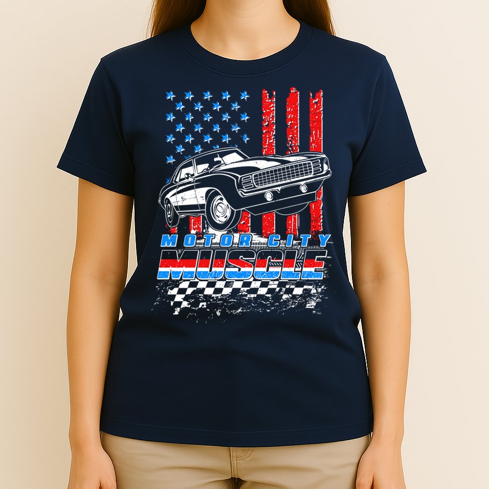 Motor City Muscle American USA Flag Muscle Car Fan T-Shirt