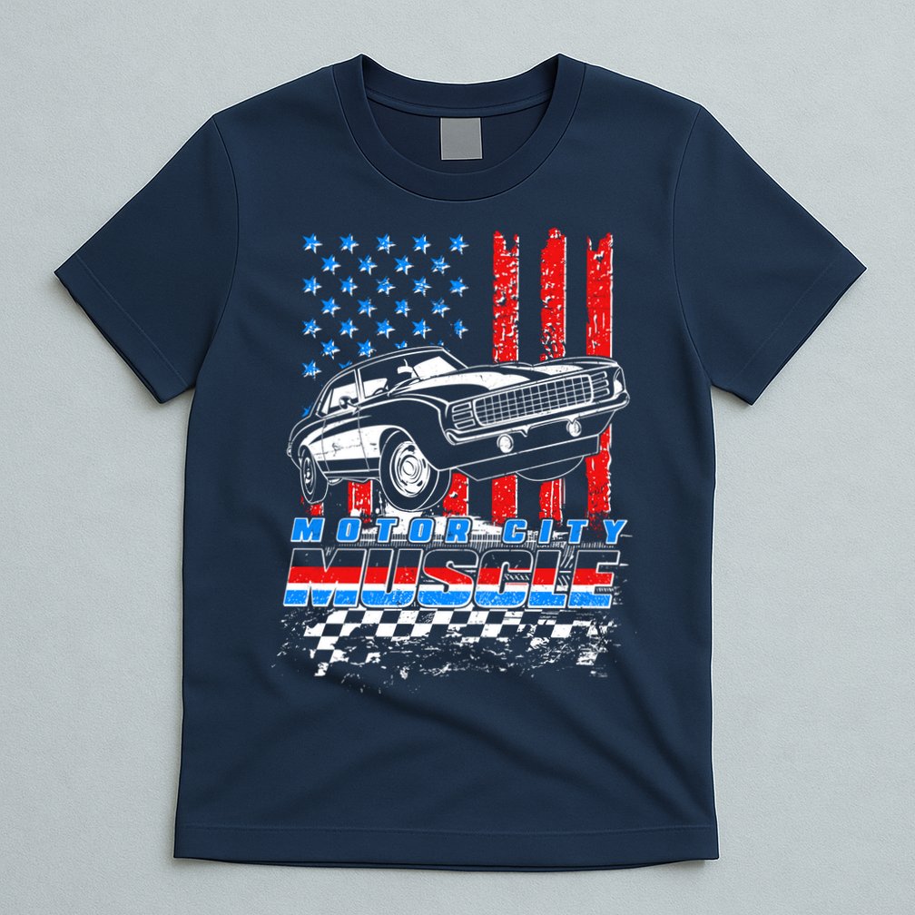 Motor City Muscle American USA Flag Muscle Car Fan T-Shirt