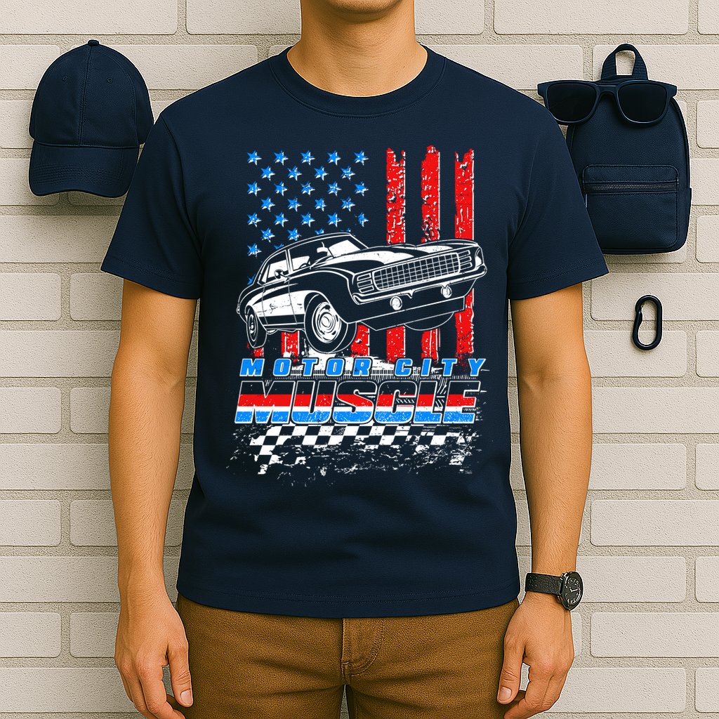 Motor City Muscle American USA Flag Muscle Car Fan T-Shirt
