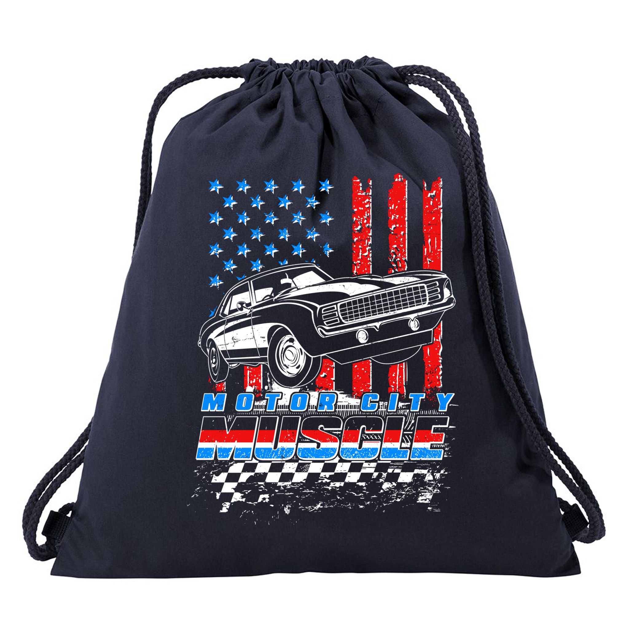 Motor City Muscle American USA Flag Muscle Car Fan Drawstring Bag