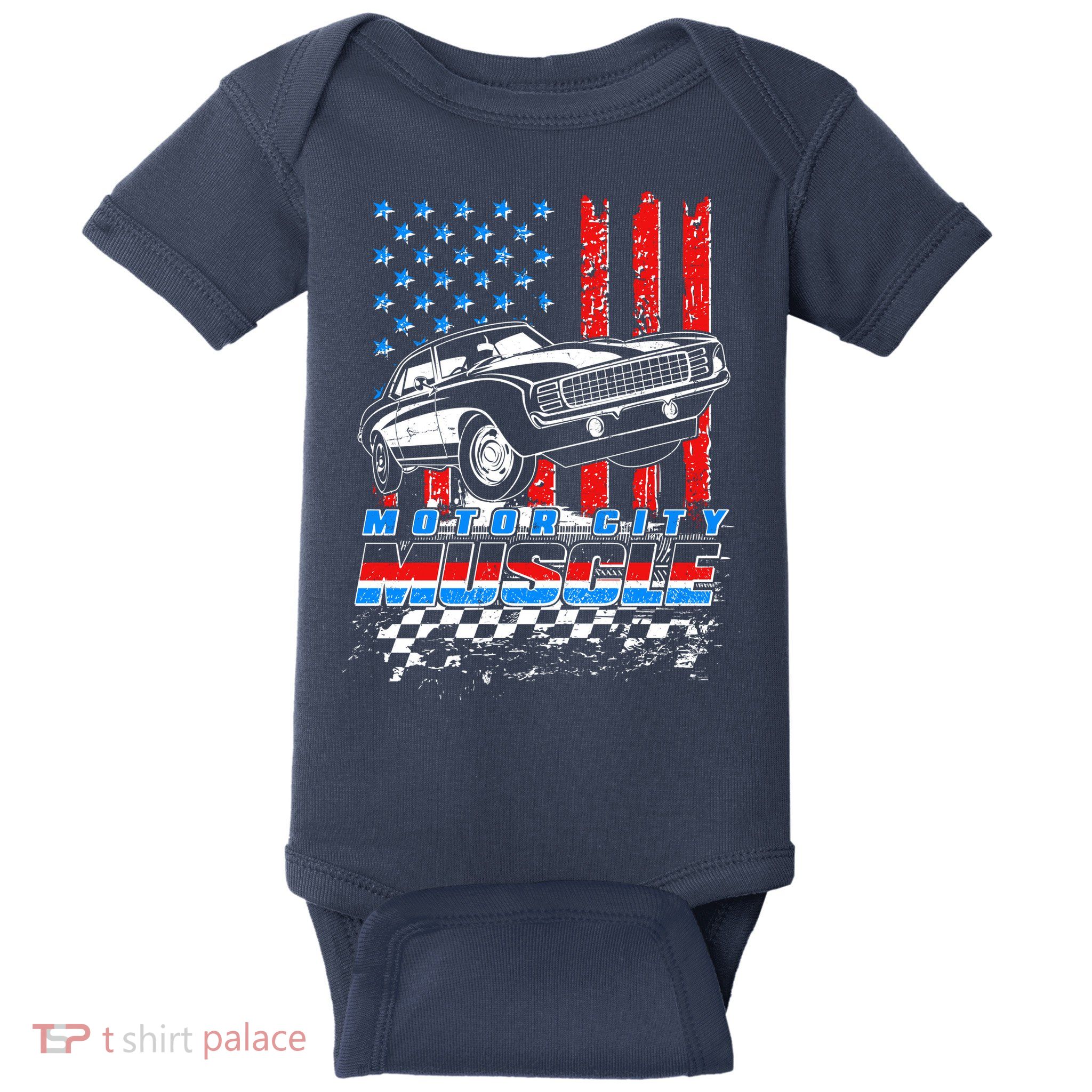 Motor City Muscle American USA Flag Muscle Car Fan Baby Bodysuit