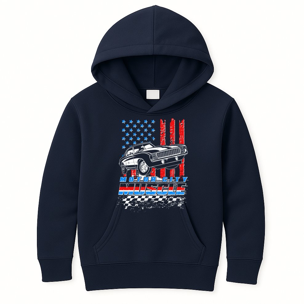 Motor City Muscle American USA Flag Muscle Car Fan Kids Hoodie