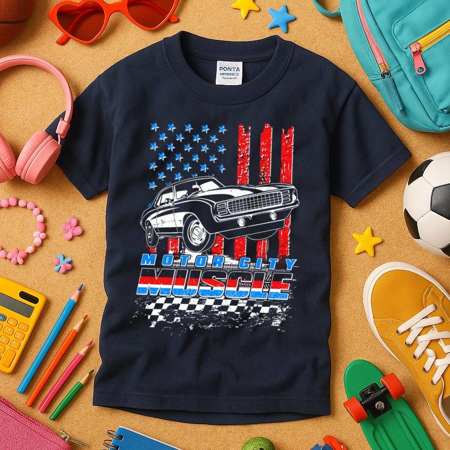 Motor City Muscle American USA Flag Muscle Car Fan Kids T-Shirt