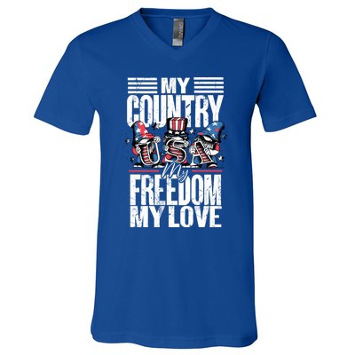 My Country My Freedom My Love Funny Gift 4th Of July American Flag Funny Gift V-Neck T-Shirt