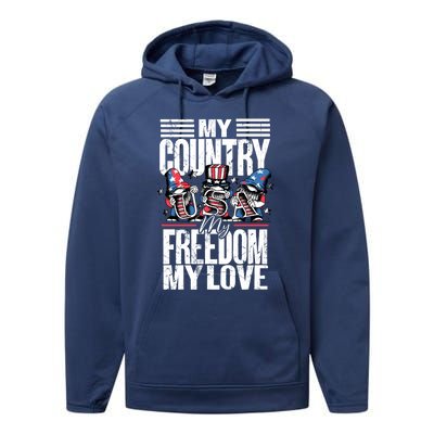 My Country My Freedom My Love Funny Gift 4th Of July American Flag Funny Gift Performance Fleece Hoodie