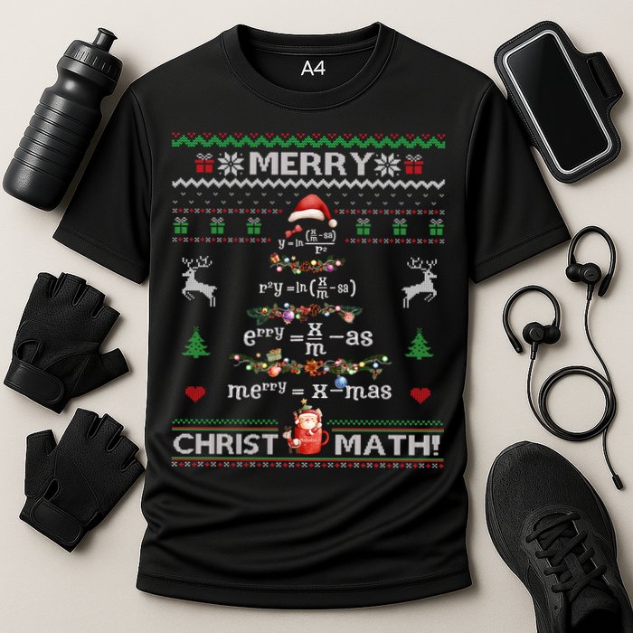 Merry Christmath Math Christmas Tree Ugly Sweater Teacher Cooling Performance Crew T-Shirt
