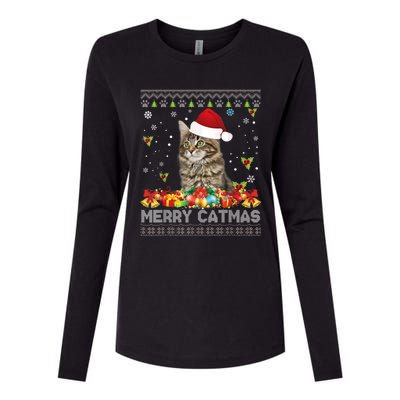 Merry Catmas Maine Coon Cat Ugly Sweater Christmas Santa Womens Cotton Relaxed Long Sleeve T-Shirt