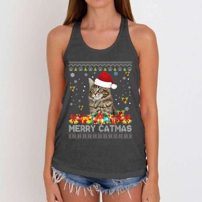 Merry Catmas Maine Coon Cat Ugly Sweater Christmas Santa Women's Knotted Racerback Tank