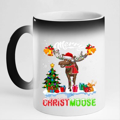 Merry Christmoose Merry Christmas Xmas Lights Santa Moose Long Sleeve 11oz Black Color Changing Mug