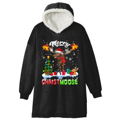 Merry Christmoose Merry Christmas Xmas Lights Santa Moose Long Sleeve Hooded Wearable Blanket