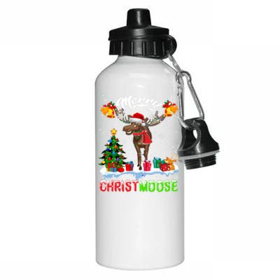 Merry Christmoose Merry Christmas Xmas Lights Santa Moose Long Sleeve Aluminum Water Bottle