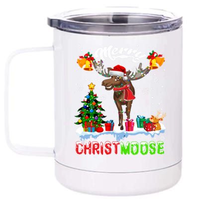 Merry Christmoose Merry Christmas Xmas Lights Santa Moose Long Sleeve 12 oz Stainless Steel Tumbler Cup