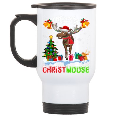 Merry Christmoose Merry Christmas Xmas Lights Santa Moose Long Sleeve Stainless Steel Travel Mug