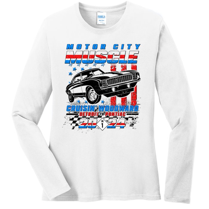 Motor City Muscle Cruisin Woodward Detroit To Pontiac 2024 Ladies Long Sleeve Shirt